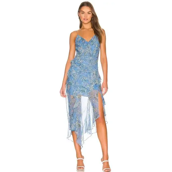 B44 Veronica Beard Avenel Silk Midi Dress 4 Floral Ruffle Aero Blue Flowy  Sheer - coffeafoods.com